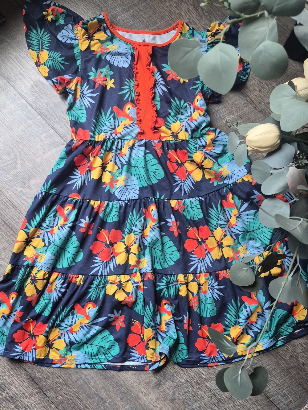 Girls' Navy Tropical Print Ruffle Dress 10-11
